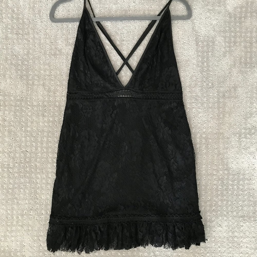 Boohoo Lace Ruffle Hem Little Black Dress